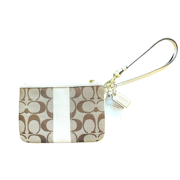 COACH Khaki/Ivory Signature C Canvas Leather Trim Gold Zip Wristlet Hang Tag NWT - Picture 6 of 8